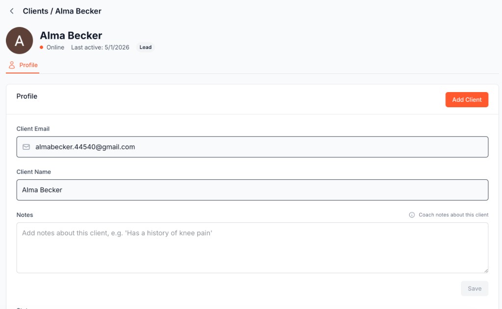 Lead profile: breadcrumb Clients and name, Lead badge, Profile tab, Add Client button, Client email and name fields, Notes with helper text, Save