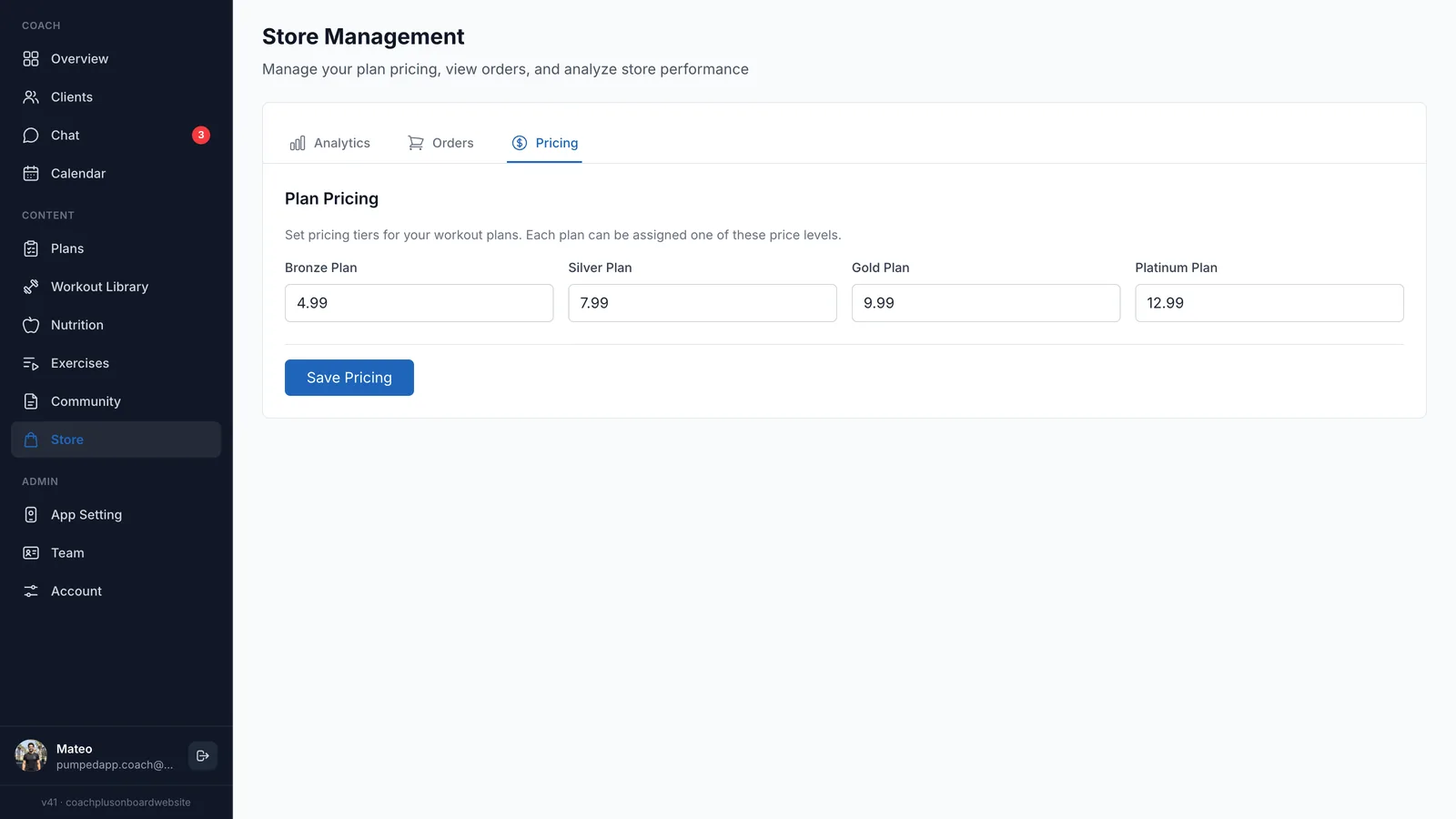 Pricing tab with Bronze, Silver, Gold and Platinum Plan price fields and a Save Pricing button