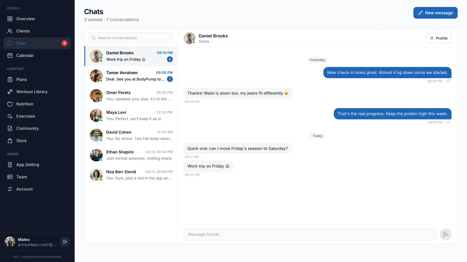 Chats page with 3 unread and 7 conversations, the conversation list with unread badges on the left and an open conversation with Daniel Brooks on the right