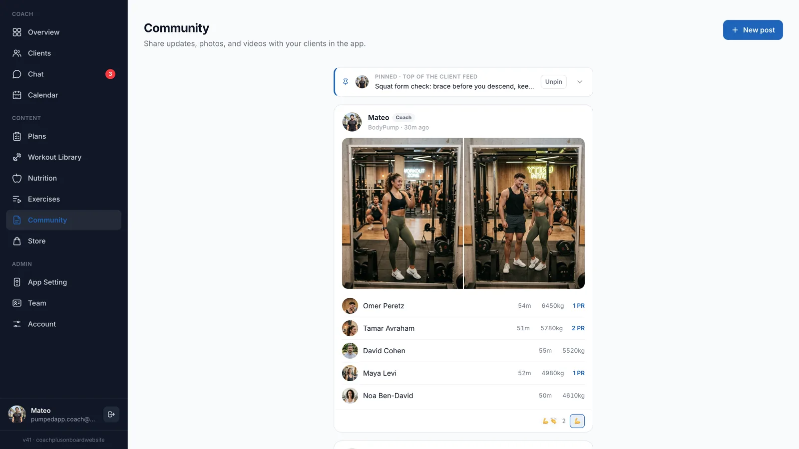 Community page with a pinned post folded into a bar at the top and a group workout card ranking participants by weight lifted, with PRs