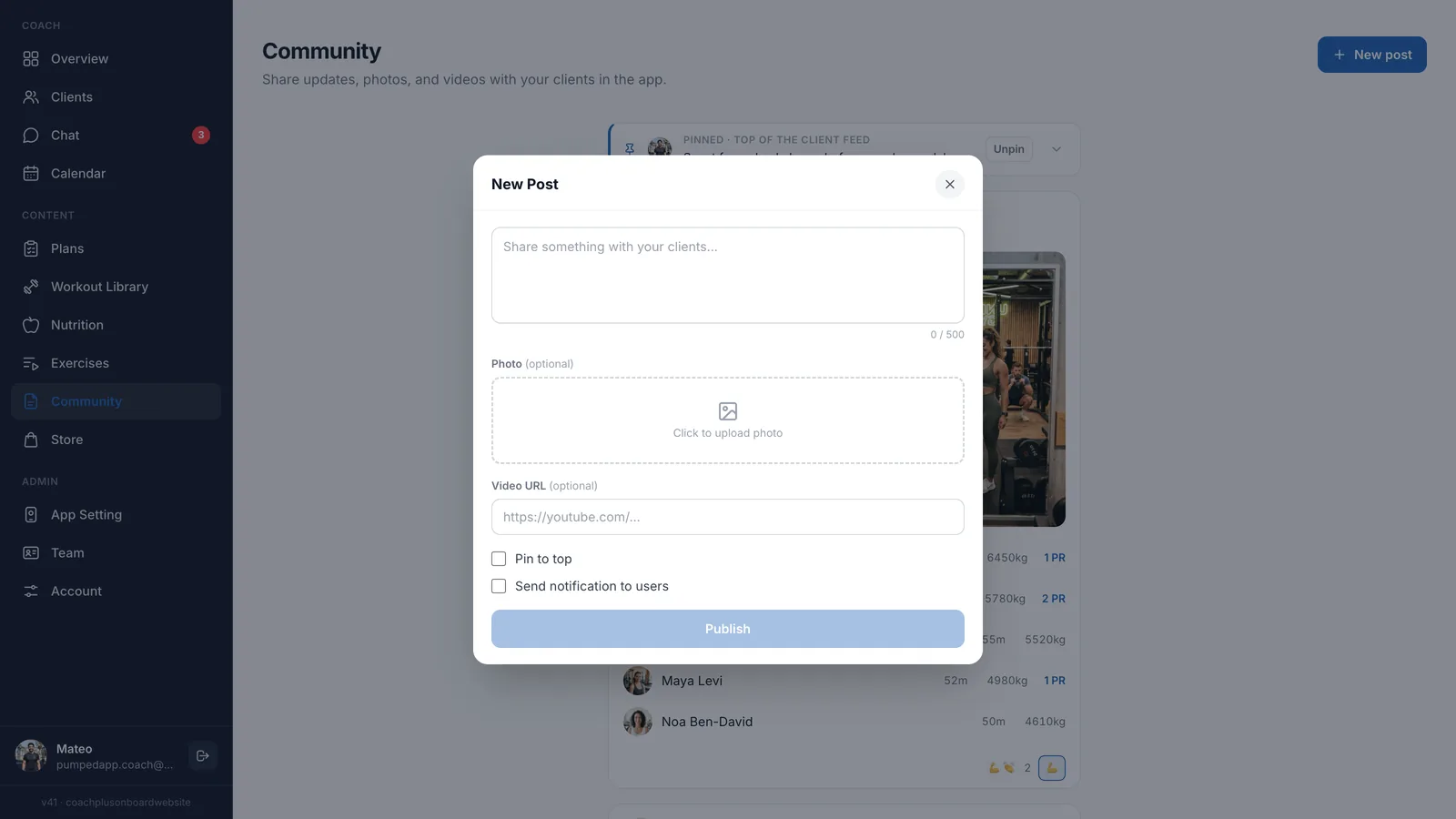 New Post window with a text box and 0/500 counter, optional Photo and Video URL fields, Pin to top and Send notification to users checkboxes, and a Publish button