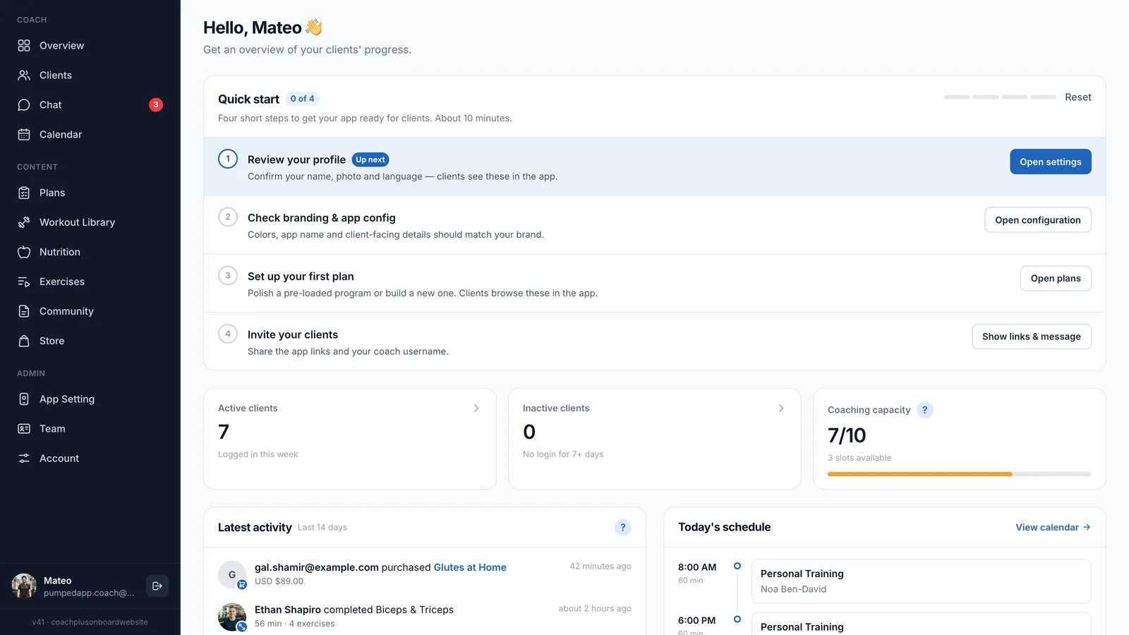 Quick start checklist on the Overview page showing 0 of 4 steps, with Review your profile marked Up next and an Open settings button