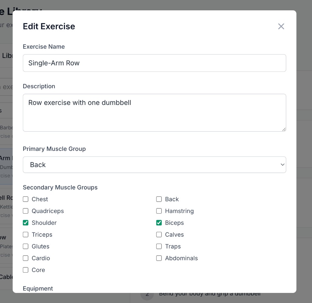 Edit Exercise modal with Exercise Name, Description, Primary Muscle Group, Secondary Muscle Groups checkboxes, and more below the fold