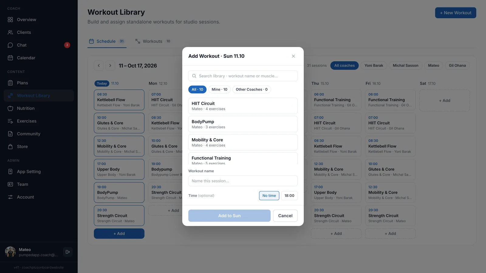 Add Workout dialog for Sunday with a library search, All, Mine and Other Coaches filters, a Workout name field, an optional time and an Add to Sun button