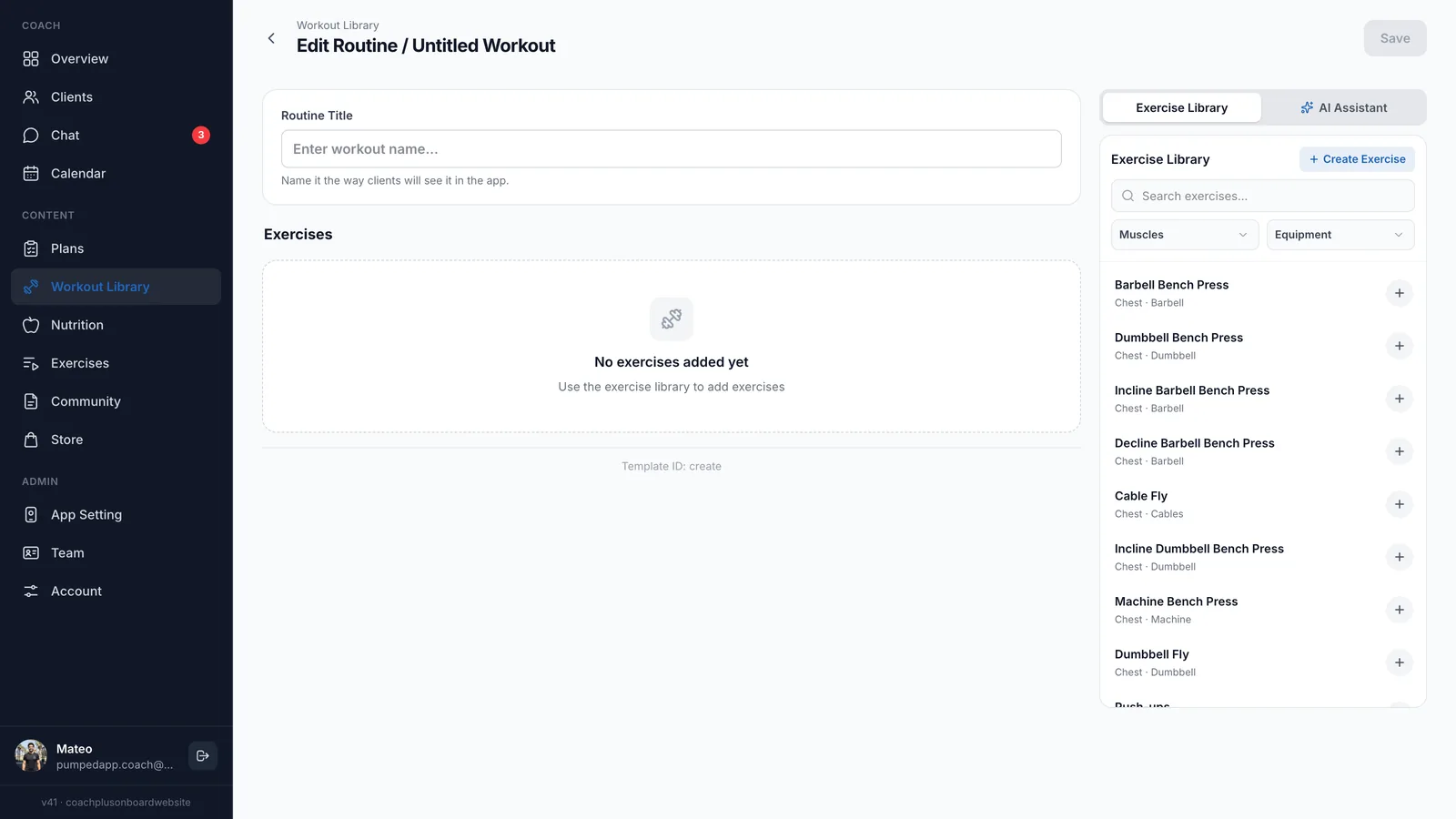 New workout editor with Workout Library above the Untitled Workout title, an empty Routine Title and the Exercise Library panel