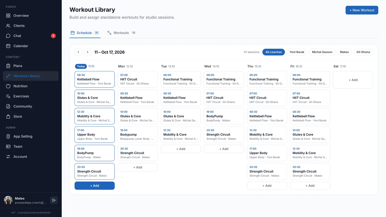 Schedule tab showing the week of Oct 11 to 17 with timed sessions under each day, coach filter buttons, and + Add buttons