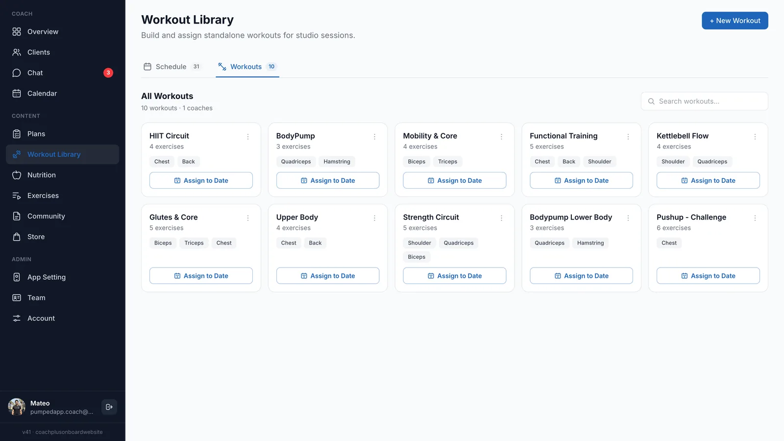 Workout Library Workouts tab showing All Workouts with ten workout cards, each with its exercise count, muscle tags and an Assign to Date button
